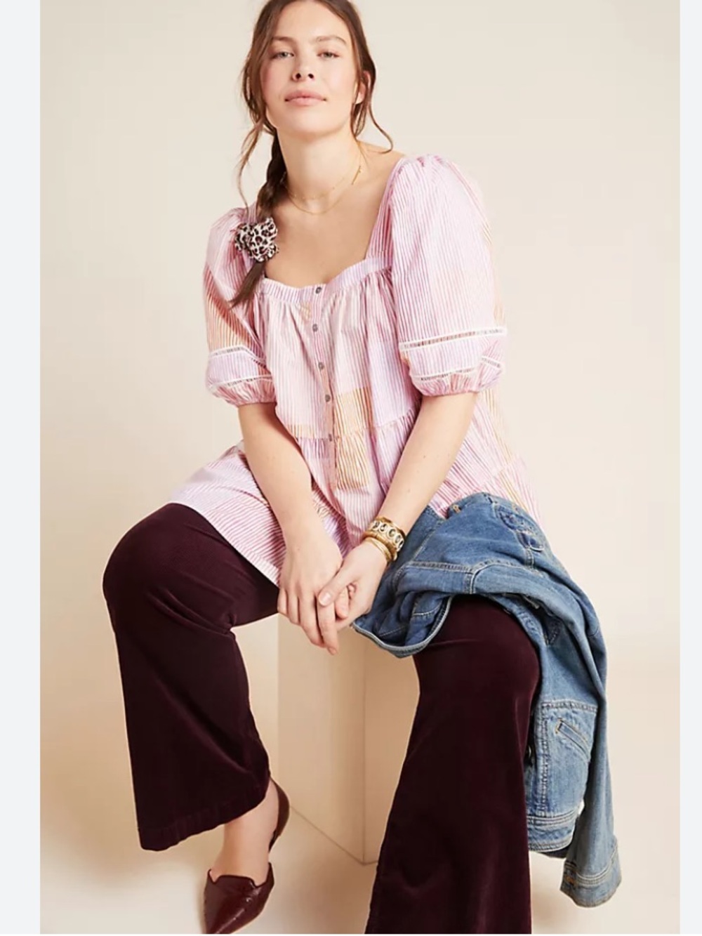 Maeve Anthropologie pink and orange stripped patchwork babydoll tiered blouse